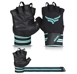 Leather Gym Gloves for Men & Women with Wrist Support Accessories for Weightlifting, Hand Exercise Gloves with Half-Finger Length for Gym Workout (M, Fits 7.5-8 Inches,Blue-Black)