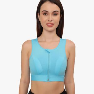 Women's Sports Bra | Wirefree Full Coverage Sports Bra | High Impact Mesh Racerback Design with Front Zip, Cushion Straps & Removable Pads | Ideal for Gym, Yoga, Fitness Workouts-Blue