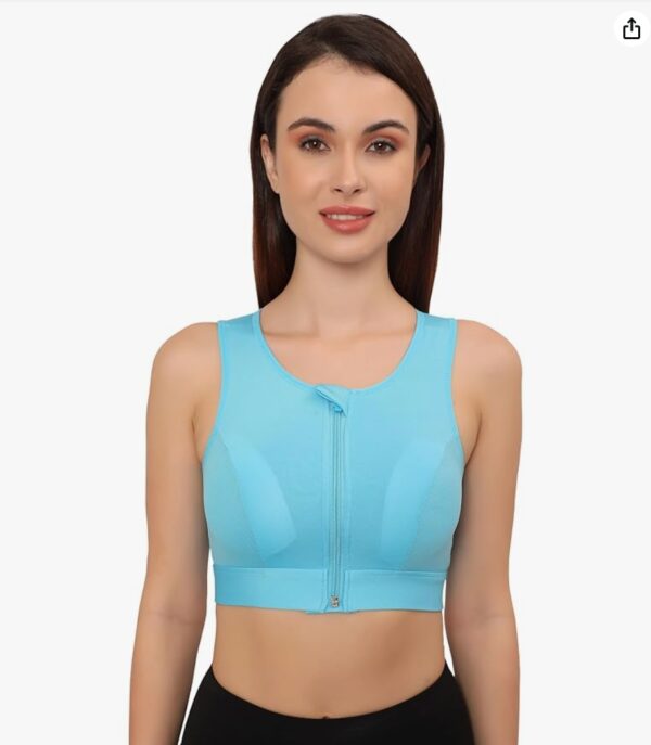 Women's Sports Bra | Wirefree Full Coverage Sports Bra | High Impact Mesh Racerback Design with Front Zip, Cushion Straps & Removable Pads | Ideal for Gym, Yoga, Fitness Workouts-Blue