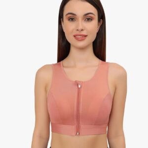 Women's Sports Bra | Wirefree Full Coverage Sports Bra | High Impact Mesh Racerback Design with Front Zip, Cushion Straps & Removable Pads | Ideal for Gym, Yoga, Fitness Workouts-Pink