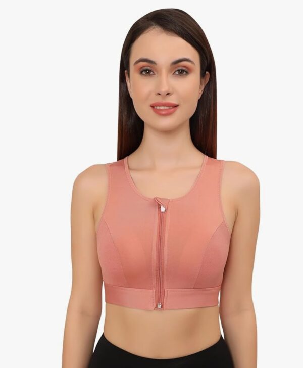 Women's Sports Bra | Wirefree Full Coverage Sports Bra | High Impact Mesh Racerback Design with Front Zip, Cushion Straps & Removable Pads | Ideal for Gym, Yoga, Fitness Workouts-Pink