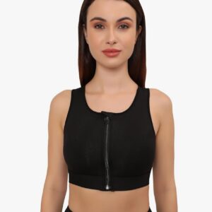 Women's Sports Bra | Wirefree Full Coverage Sports Bra | High Impact Mesh Racerback Design with Front Zip, Cushion Straps & Removable Pads | Ideal for Gym, Yoga, Fitness Workouts-Black