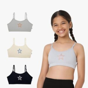 Training Bra | Starry Design | Cotton Blend | Non-Padded | Wire Free | Adjustable Straps | Beginners Bra for Girls | 12-14 Years | Combo Pack of 3