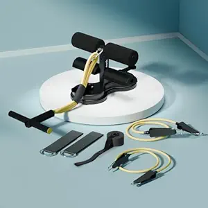 Tummy Trimmer with Double Suction Cup Sit-Up Bar for Abdominal Exercise, Leg Muscle Training Arm Muscles Exercise with Door Attachment, Ankle Straps and 2 Resistance Tubes (Yellow/Black)