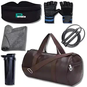 Premium Gym Accessories Combo for Man and Woman Gym Kit for Home Workout with Gym Bag, Shaker, Rope, Wrist Band, Towel, Gloves, Deadlift Straps & Belt. Different Combos. (Pack of 6, Brown)