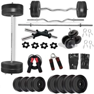 Bodyfit Home Gym Set 8 Kg to 60 Kg with Straight and Curl Rod Dumbbell Rods Complete Exercise Equipments Combo. (10 KG Weight Plates)