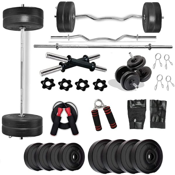 Bodyfit Home Gym Set 8 Kg to 60 Kg with Straight and Curl Rod Dumbbell Rods Complete Exercise Equipments Combo. (10 KG Weight Plates)