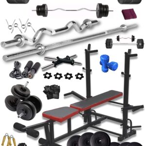 BodyFit PVC 8 in 1 Gym Bench, 3ft Curl + 5ft Plain Rod and 1 Pair Dumbbell Rods Home Gym Equipment Combo Set for Men (Black, 50 kg )