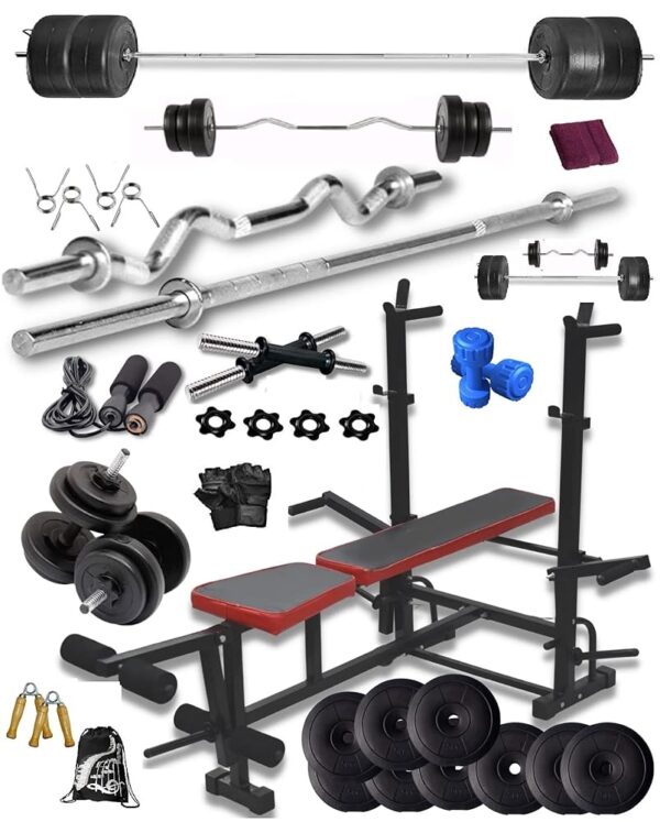 BodyFit PVC 8 in 1 Gym Bench, 3ft Curl + 5ft Plain Rod and 1 Pair Dumbbell Rods Home Gym Equipment Combo Set for Men (Black, 50 kg )