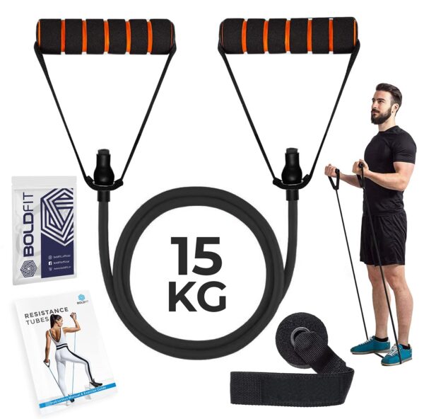 Boldfit Resistance Tube with Foam Handles, Door Anchor for Exercise & Stretching, Suitable in Home & Gym Workout for Men & Women-15kg-Black