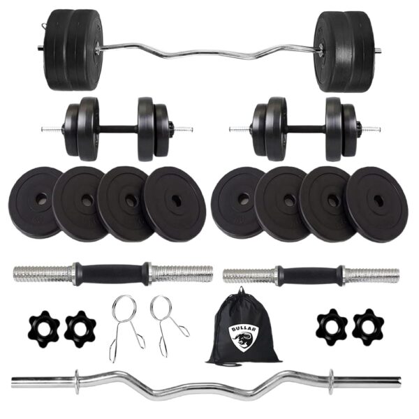 BULLAR PVC Home Gym Weight Set, 8kg to 20kg Adjustable Dumbbell and 3 feet Curl Bar with Gym Bag, Complete Exercise Equipment (20 KG)