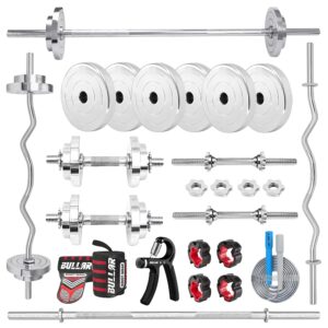 Bullar Steel Home Gym Set with 5Ft 28mm Bar, 3Ft 28mm Curl bar, (20kg-100Kg) Steel Plates,15" StarNut Dumbell Rod & More Gym Equipments for Home Gym Workout (20Kg (2.5 kgX4,...