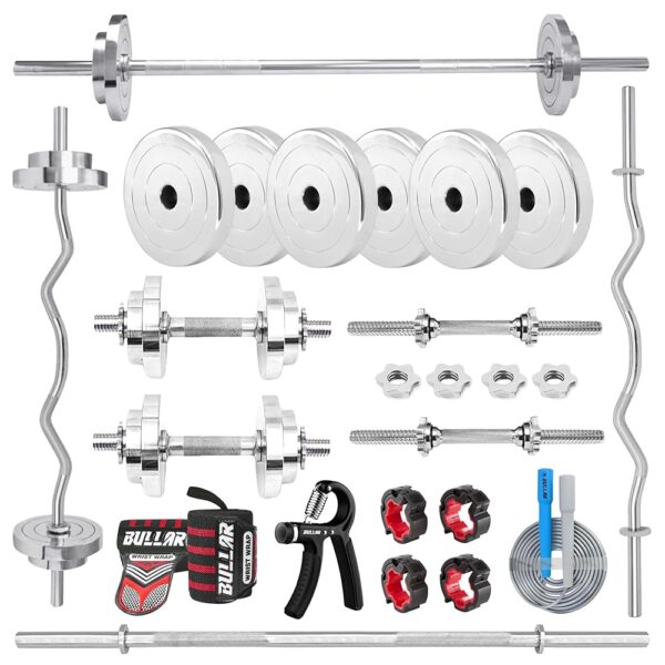 Bullar Steel Home Gym Set with 5Ft 28mm Bar, 3Ft 28mm Curl bar, (20kg-100Kg) Steel Plates,15" StarNut Dumbell Rod & More Gym Equipments for Home Gym Workout (20Kg (2.5 kgX4,...