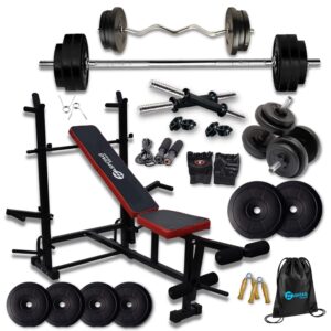 HASHTAG FITNESS ABS Plastic 60Kg Gym Equipment Set For Home With 8In1 Gym Bench Press For Home Workout & Fitness Equipment For Men (60Kg), Purple