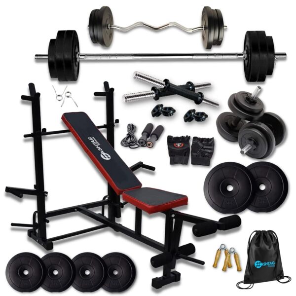 HASHTAG FITNESS ABS Plastic 60Kg Gym Equipment Set For Home With 8In1 Gym Bench Press For Home Workout & Fitness Equipment For Men (60Kg), Purple