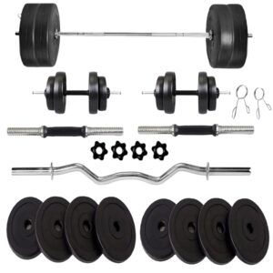 Home Gym Weight Set, 20 kg Barbell with Plates, EZ Curl Bar, Dumbbell Handles, Spring Collars (10 KG)