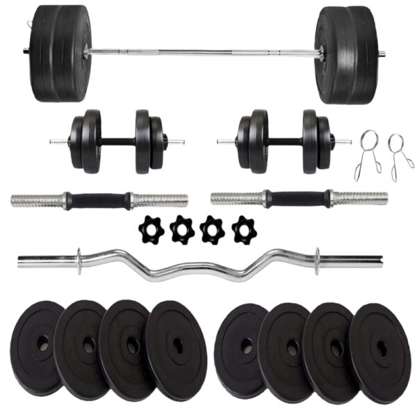 Home Gym Weight Set, 20 kg Barbell with Plates, EZ Curl Bar, Dumbbell Handles, Spring Collars (10 KG)