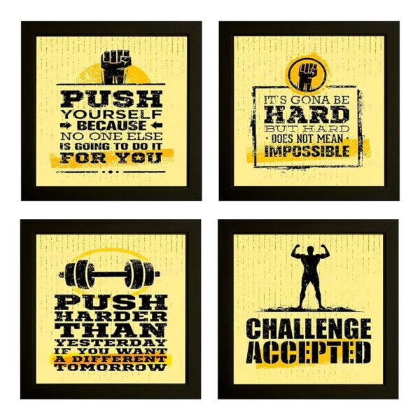 Indianara Set of 4 Fitness Gym Motivational Quotes Paintings (2145) without glass 9.5 x 9.5 inch each