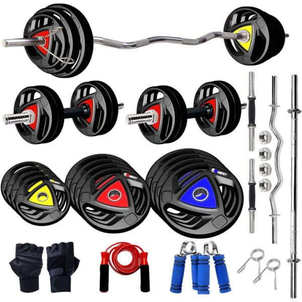 KENIT 10KG -100KG Rubber Coated Weight Plates Combo, Home Gym Combo, 5Ft Plain and 3Ft Curl Barbell Rods (23mm), Pair of Steel Dumbbell Rod & Accessories (20, Kilograms)