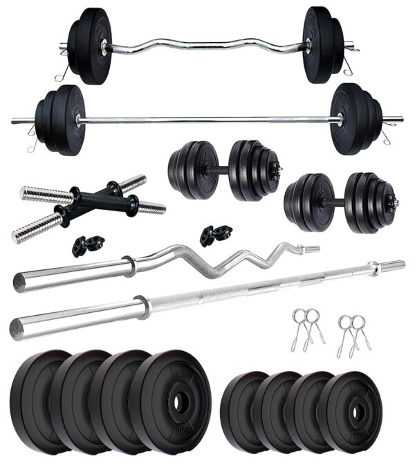 Kore PVC 20-100 Kg Home Gym Set with Multipurpose Fitness Bench + One 5 Ft Plain + One 3 Ft Curl and One Pair Dumbbell Rods