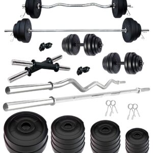 Kore PVC 20-100 Kg Home Gym Set with Multipurpose Fitness Bench + One 5 Ft Plain + One 3 Ft Curl and One Pair Dumbbell Rods