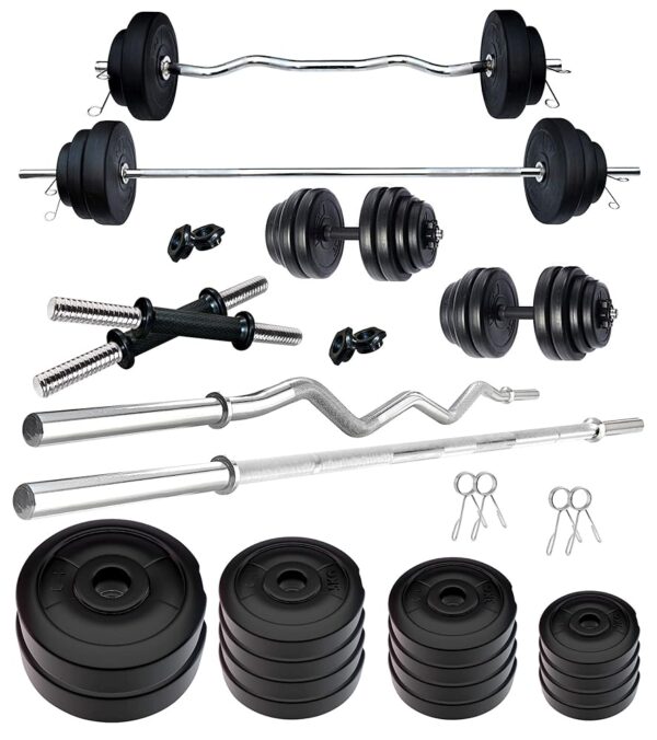 Kore PVC 20-100 Kg Home Gym Set with Multipurpose Fitness Bench + One 5 Ft Plain + One 3 Ft Curl and One Pair Dumbbell Rods