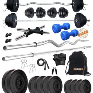 Kore PVC 20-50 Kg Home Gym Set with One Plain + One Curl and One Pair Dumbbell Rods with Gym Accessories and PVC Dumbbells
