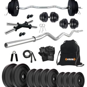 Kore PVC 50 Kg Home Gym Set with One 3 Ft Curl and One Pair Dumbbell Rods with Gym Bag & Accessories