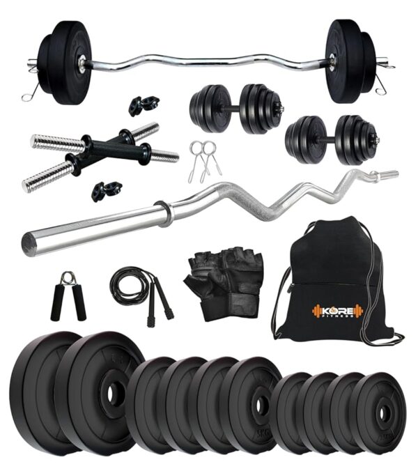 Kore PVC 50 Kg Home Gym Set with One 3 Ft Curl and One Pair Dumbbell Rods with Gym Bag & Accessories