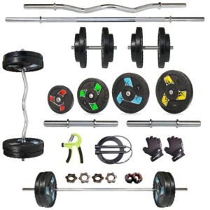 Leeway Rubber Weight Plate 20 Kg Home Gym Set with 3Ft Curl (28mm), 5Ft Straight (28mm), Dumbbell Rods, Weight Plates Combo (20kg Set (5X4) Home Gym Combo, Gym kit, Jim ka Saman)