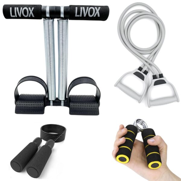 LIVOX Gym Equipment Set for Home Workout Abdominal Exercise Complete Home Gym Combo Kit – Pack of 4 (Tummy Trimmer, Resistance Tube Band, Skipping Rope and Hand Gripper)