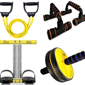PRO365 Home Gym Equipment Full Set| 4 Pack| Tummy Trimmer| Pushup Bar| Toning Tube| Abdominal Ab Wheel Exerciser| 6 Months Replacement Warranty|