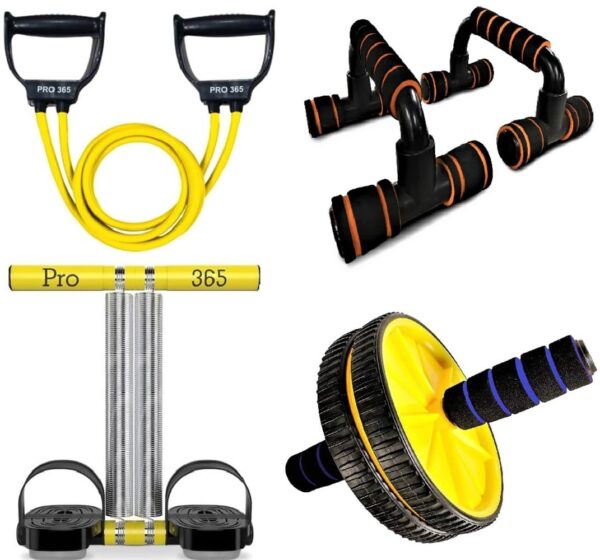 PRO365 Home Gym Equipment Full Set| 4 Pack| Tummy Trimmer| Pushup Bar| Toning Tube| Abdominal Ab Wheel Exerciser| 6 Months Replacement Warranty|