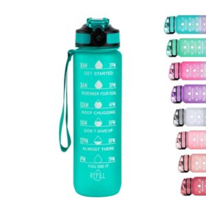 REFULGIX 1L Motivational Sipper Water Bottle with Straw & Time Marker | Leakproof BPA-Free Plastic Sports Bottle for Gym, Office, School, Home & Outdoor (Cool Green)
