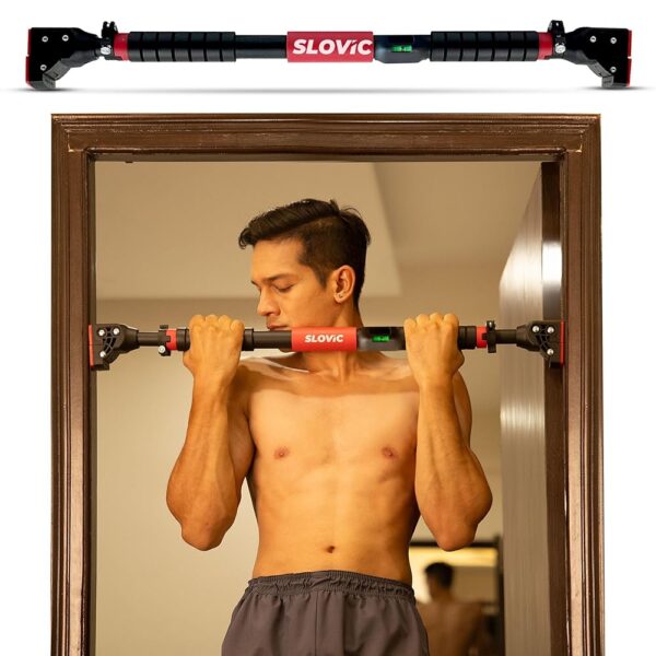 Slovic Pull Up Bar Advance Red and Black | Adjustable Home Gym Workout Equipment | Non-Slip, Heavy-Duty, Height-Extensible Pull-Up Bar with Foam Pads and Rubber Stoppers