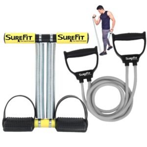 SUREFIT Tummy Trimmer Double Spring With Resistance Band Combo Pack For Men & Women - Ab Exercise Equipment, Abdominal Workout For Home & Gym Use (YELLOW)