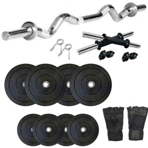 SX Fitness Home Gym Combo Pack of 20 Kg Rubber Weight Plates (2Kg X 4 Plates, 3Kg X 4 Plates) with Dumbbell Rod and 3 Feet Curl Rod with 2 Locks, Exercise Gloves for Home Gym...