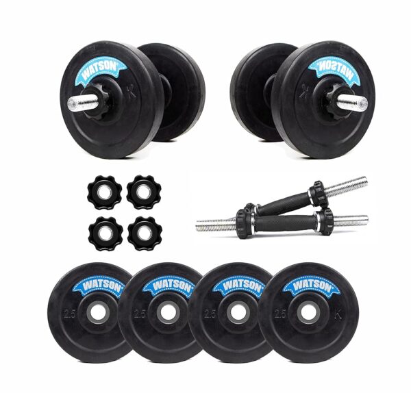 Watson 10Kg Rubber Weight Plates, 14 Cast Iron Dumbbell Rods 25mm With Nuts, Gym Equipment Set For Home Workout, Rubber Plates Gym Combo