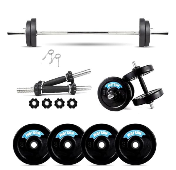 WATSON Home Gym Combo, Home Gym Workout Equipments with Rubber Plates 10kg, 25mm Straight Gym Rod 5 Feet, 14" Dumbbell Rod, Complete Gym Set for Women & Men