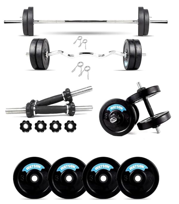 WATSON Home Gym Set, Home Gym Combo with 16Kg Rubber Plates Workout Equipments Weight, 3ft Curl Rod 25mm, 5 Feet Straight Rod 25mm, 14in Dumbbell Rods, Complete Gym Set